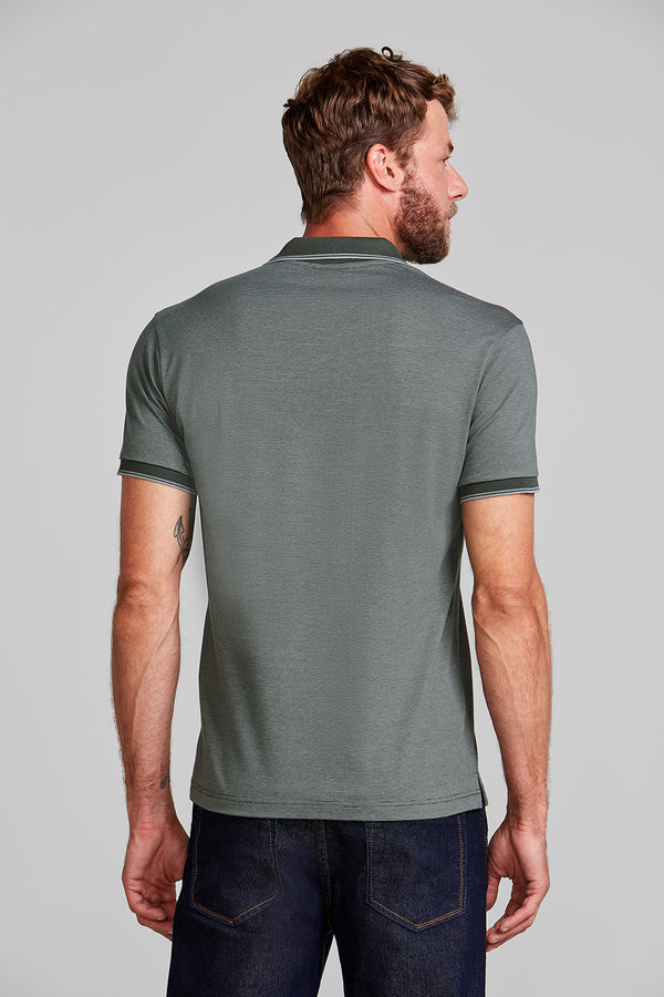 Camisa Polo Malha Slim Fit - Verde / Cinza Azulado