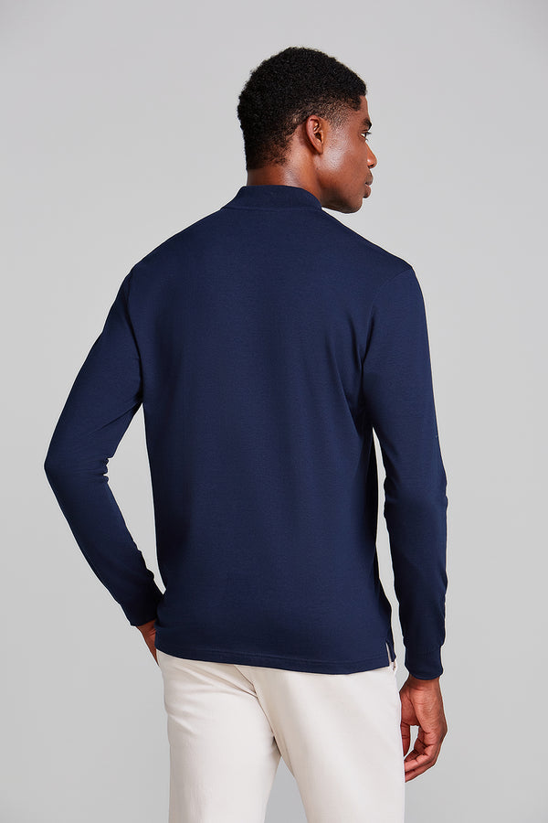 Camisa Polo Manga Longa Malha Slim Fit - Azul Marinho