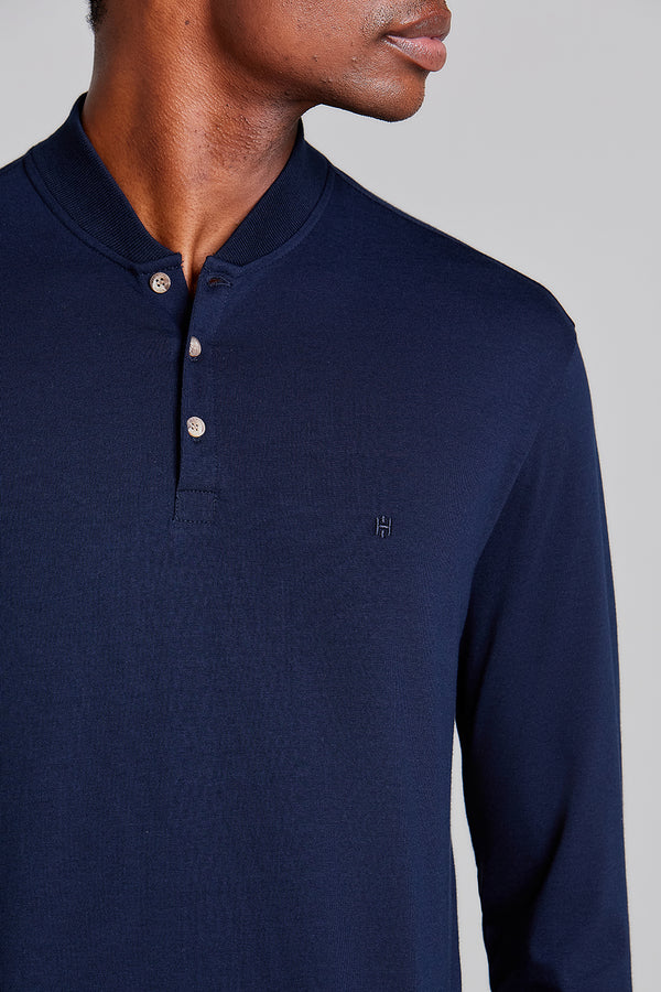 Camisa Polo Manga Longa Malha Slim Fit - Azul Marinho