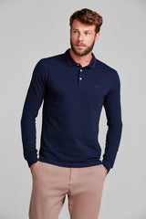 Camisa Polo Manga Longa Piquet Slim Fit - Azul Marinho
