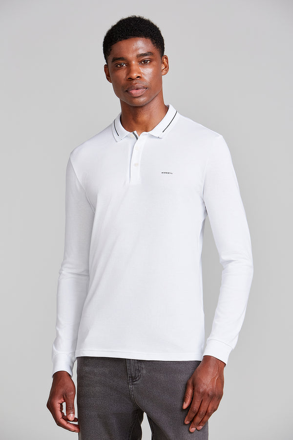 Camisa Polo Manga Longa Piquet Slim Fit - Branco