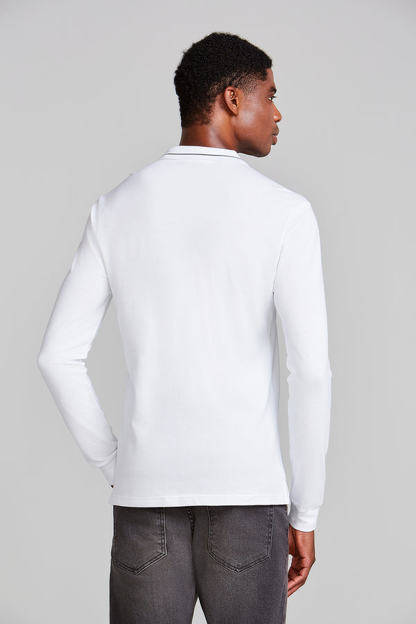 Camisa Polo Manga Longa Piquet Slim Fit - Branco
