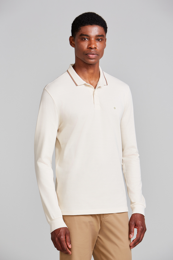Camisa Polo Manga Longa Piquet Slim Fit - Bege