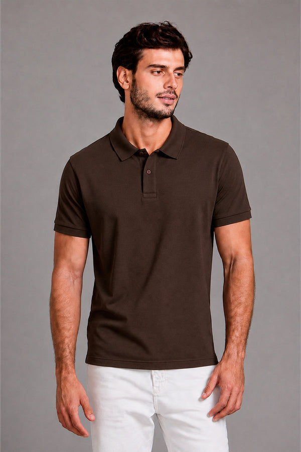 Camisa Polo Malha Pique Slim Fit - Marrom