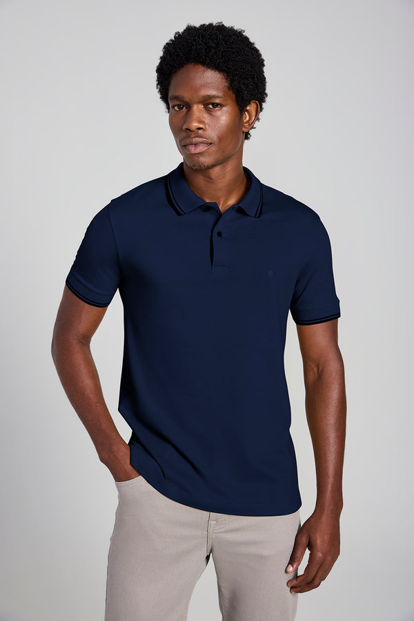 Camisa Polo Básica Piquet Premium Slim Fit - Azul Marinho