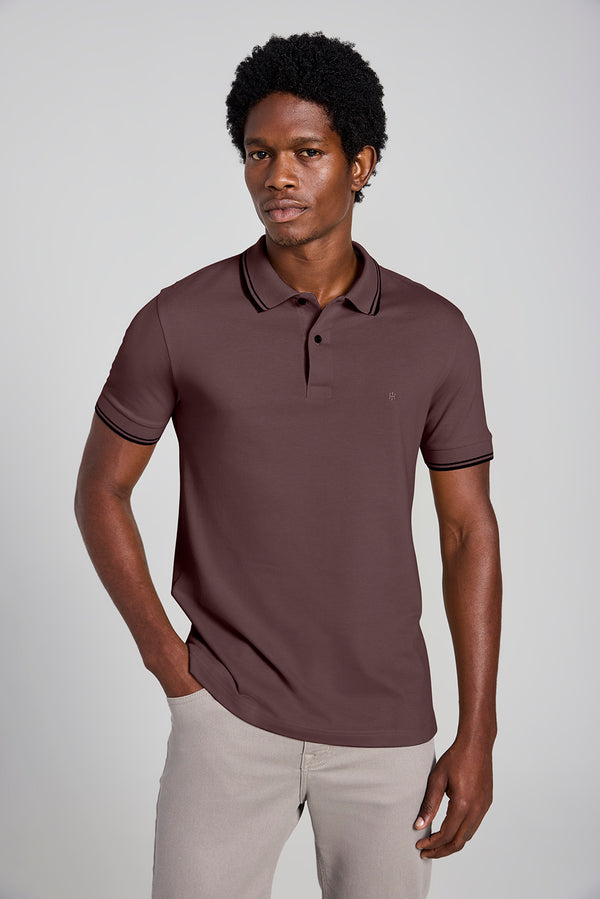 Polo Manga Curta Piquet Básica Slim Fit - Marrom