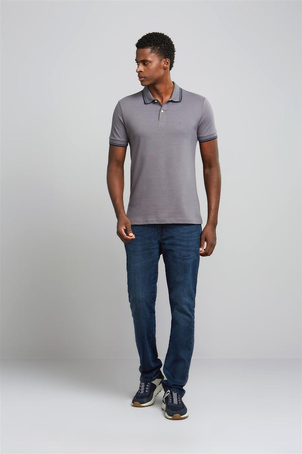 Polo Manga Curta Piquet Básica Slim Fit - Cinza