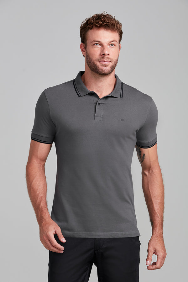 Camisa Polo Básica Piquet Premium Slim Fit - Cinza