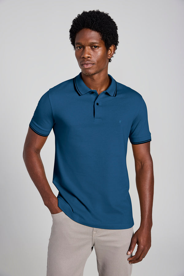Polo Manga Curta Piquet Básica Slim Fit - Azul Noturno