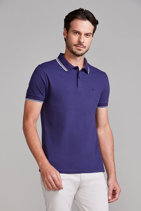 Polo Manga Curta Piquet Básica Slim Fit - Azul Noturno