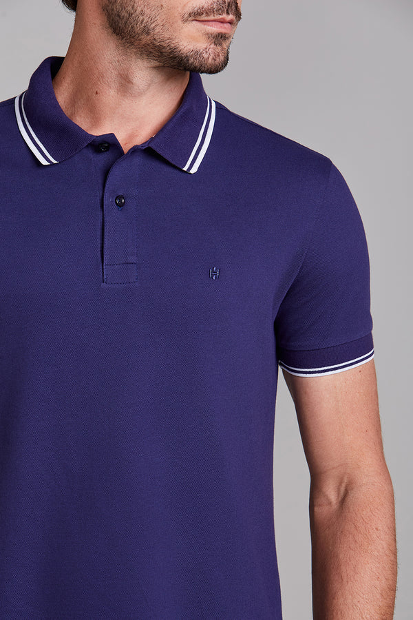 Polo Manga Curta Piquet Básica Slim Fit - Azul Noturno