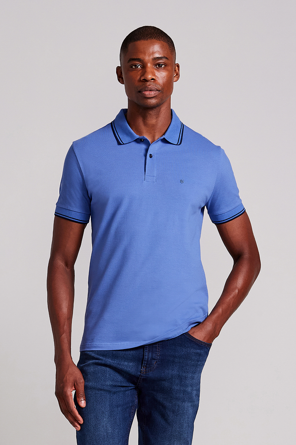 Polo Manga Curta Piquet Básica Slim Fit - Azul
