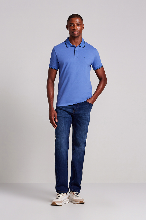 Polo Manga Curta Piquet Básica Slim Fit - Azul