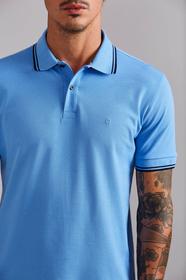 Polo Manga Curta Piquet Básica Slim Fit - Azul