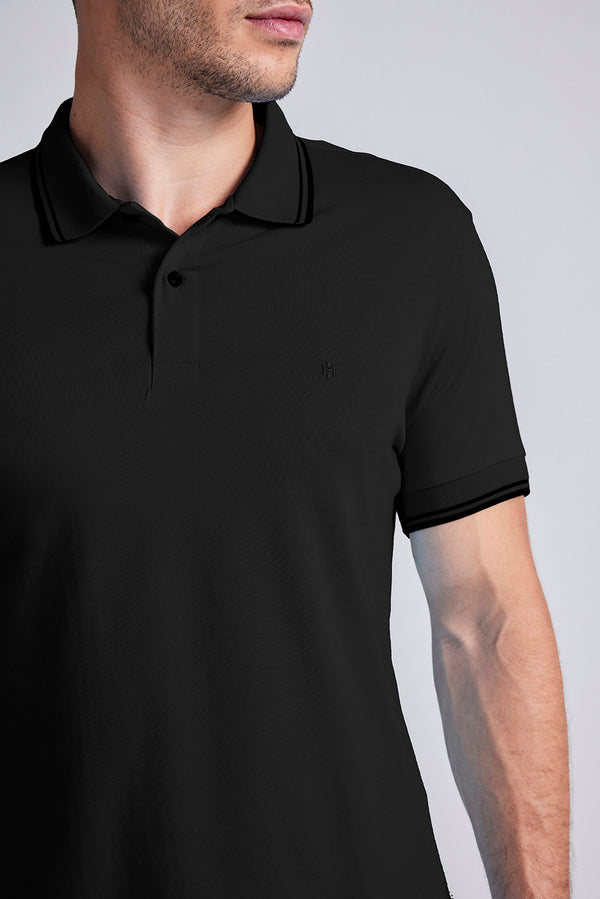 Polo Manga Curta Malha Básica Slim Fit - Preto
