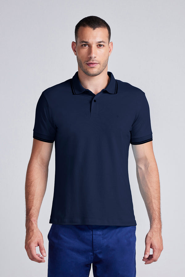 Polo Manga Curta Malha Básica Slim Fit - Azul Marinho