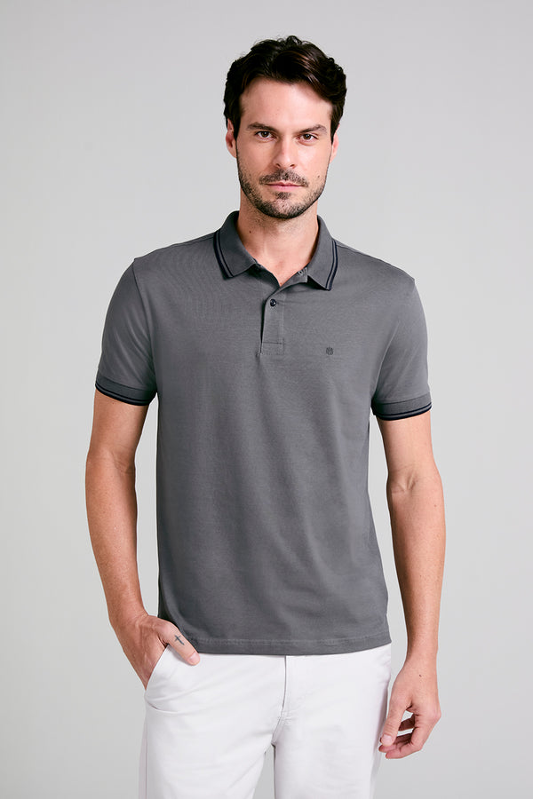 Polo Manga Curta Malha Básica Slim Fit - Cinza