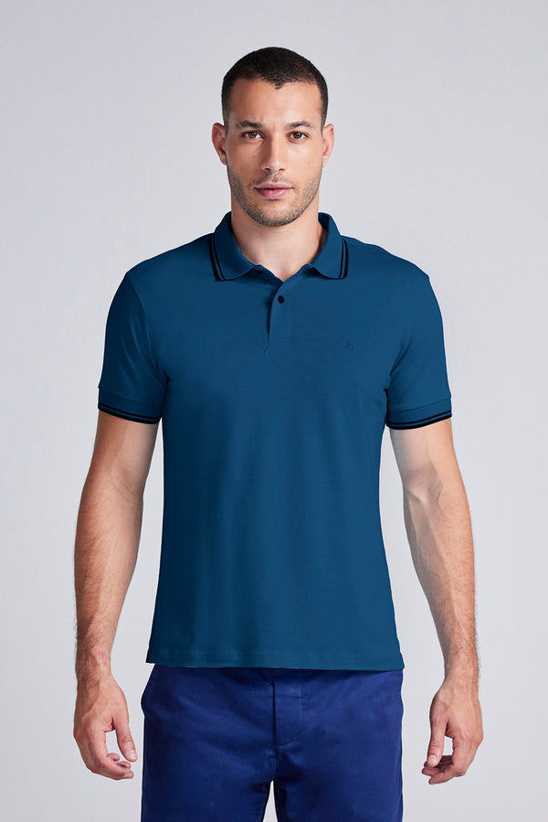 Polo Manga Curta Malha Básica Slim Fit - Azul Noturno