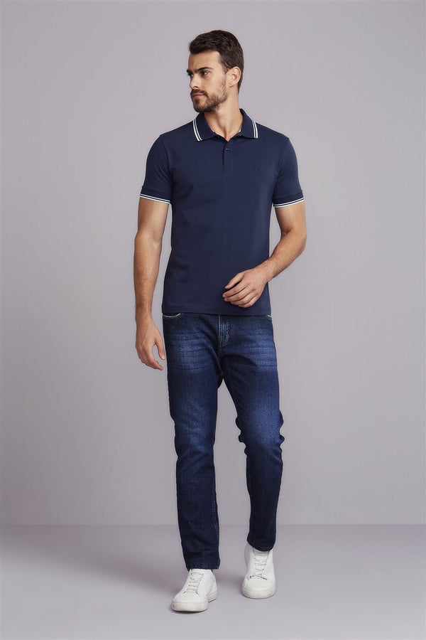 Camisa Polo Básica Malha Premium Slim Fit - Azul Noturno