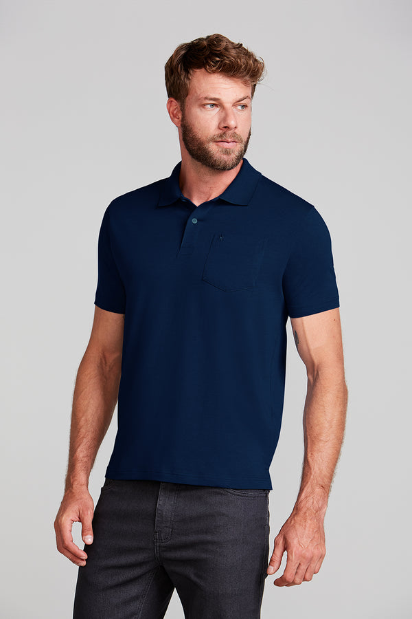 Polo Manga Curta com Bolso Comfort Malha Básica - Azul Marinho