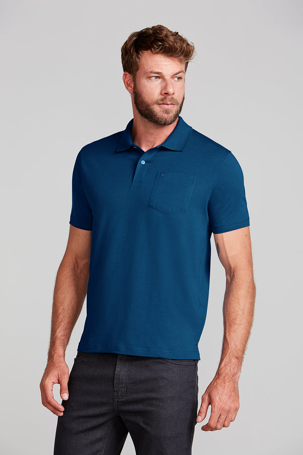 Polo Manga Curta com Bolso Comfort Malha Básica - Azul Noturno