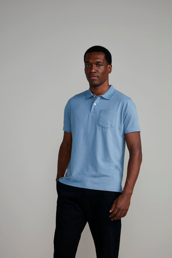 Polo Manga Curta com Bolso Comfort Malha Básica - Azul Jeans