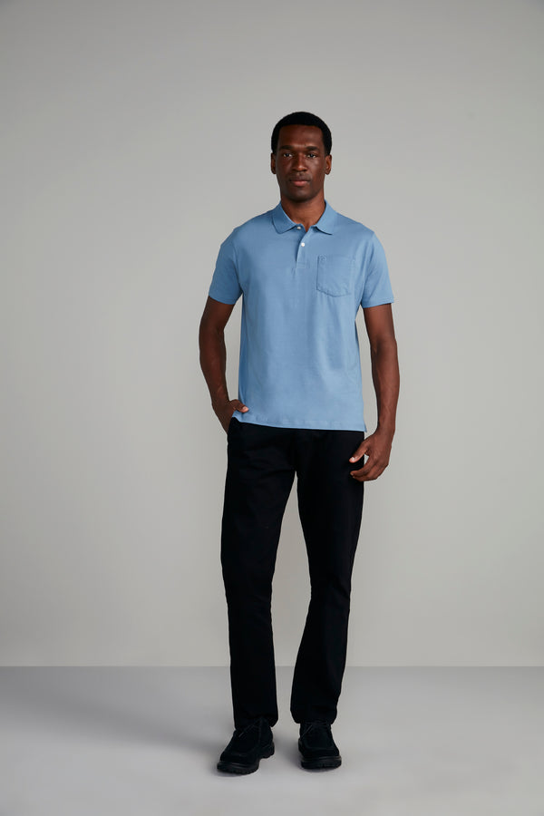 Polo Manga Curta com Bolso Comfort Malha Básica - Azul Jeans