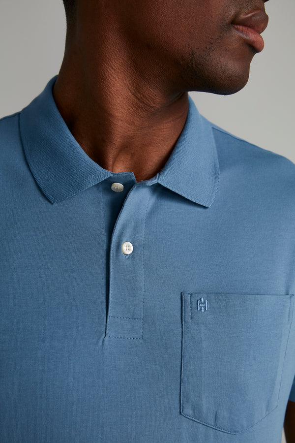 Polo Manga Curta com Bolso Comfort Malha Básica - Azul Jeans