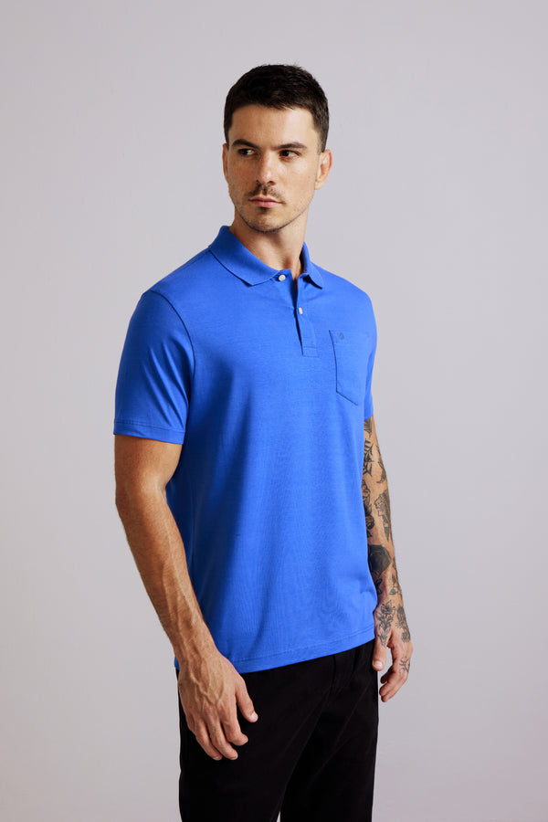 Polo Manga Curta com Bolso Comfort Malha Básica - Azul