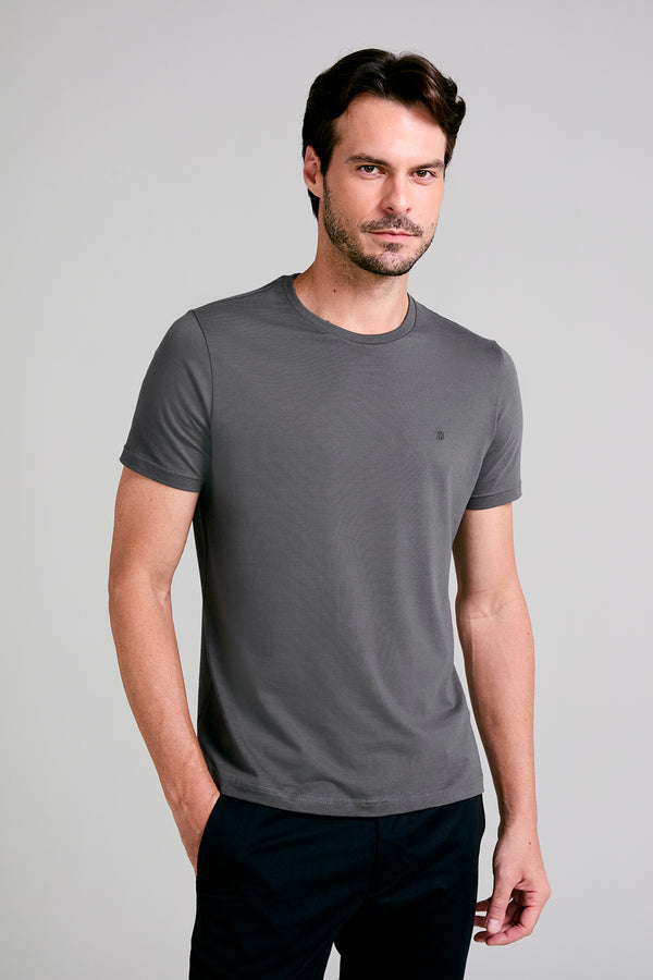 Camiseta Manga Curta Malha Básica Slim Fit - Cinza