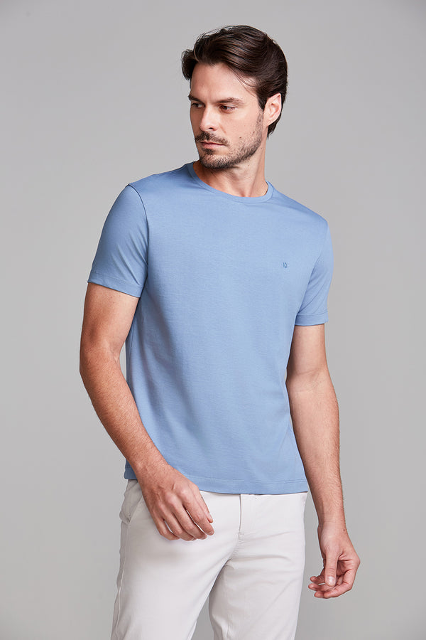 Camiseta Manga Curta Malha Básica Slim Fit - Azul Jeans