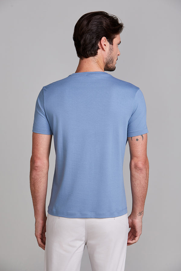 Camiseta Manga Curta Malha Básica Slim Fit - Azul Jeans