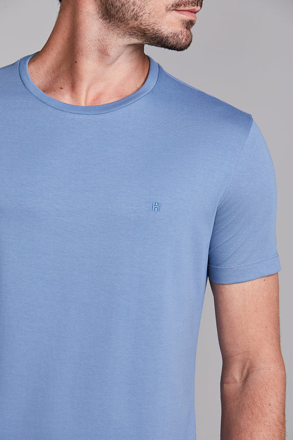 Camiseta Manga Curta Malha Básica Slim Fit - Azul Jeans