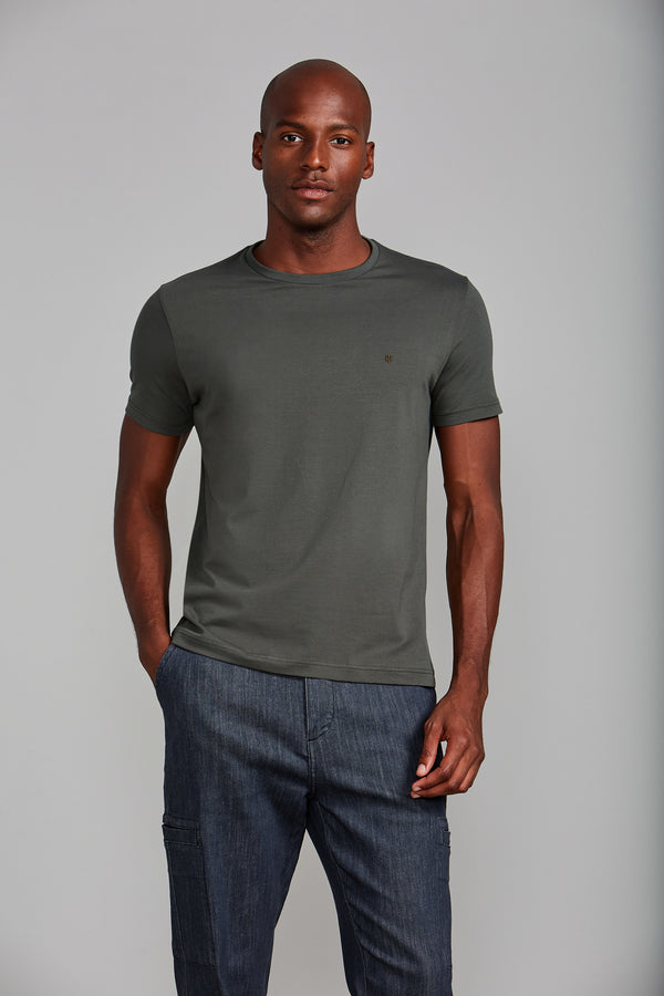 Camiseta Manga Curta Malha Básica Slim Fit - Verde Escuro