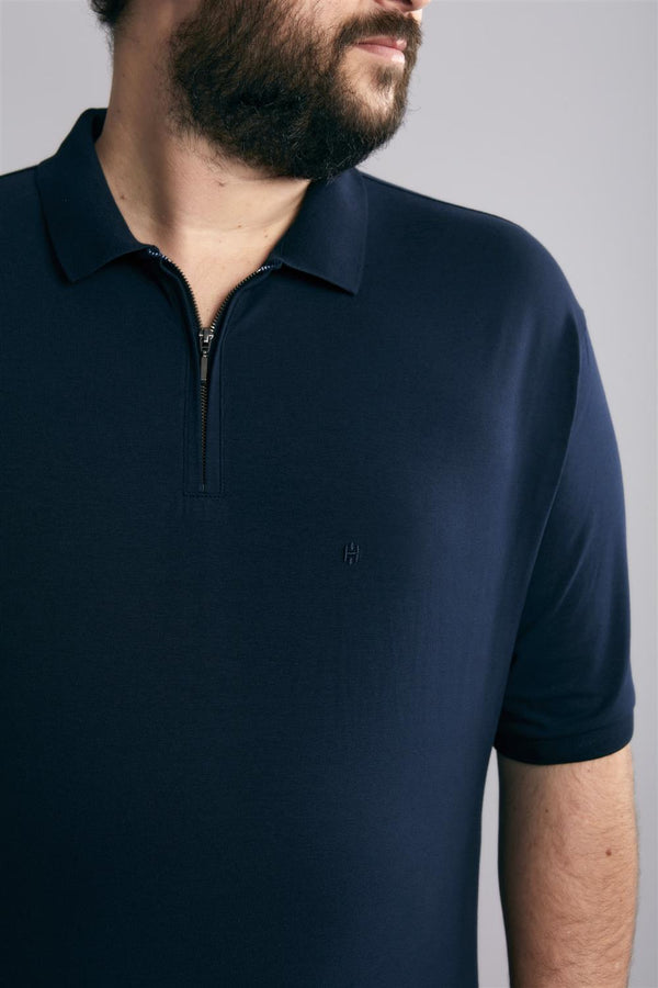 Polo Manga Curta com Zíper Comfort Básica - Azul Marinho