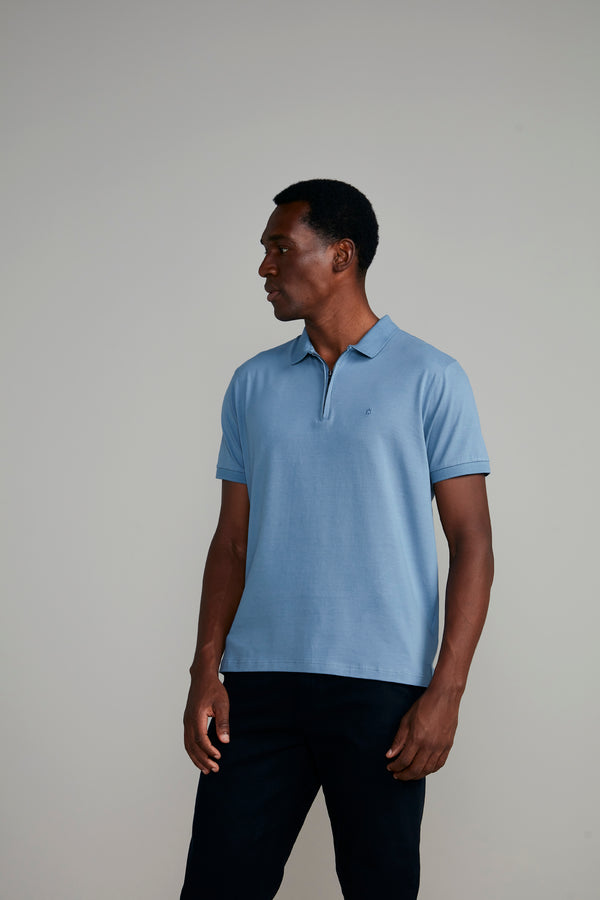 Polo Manga Curta com Zíper Comfort Básica - Azul Jeans