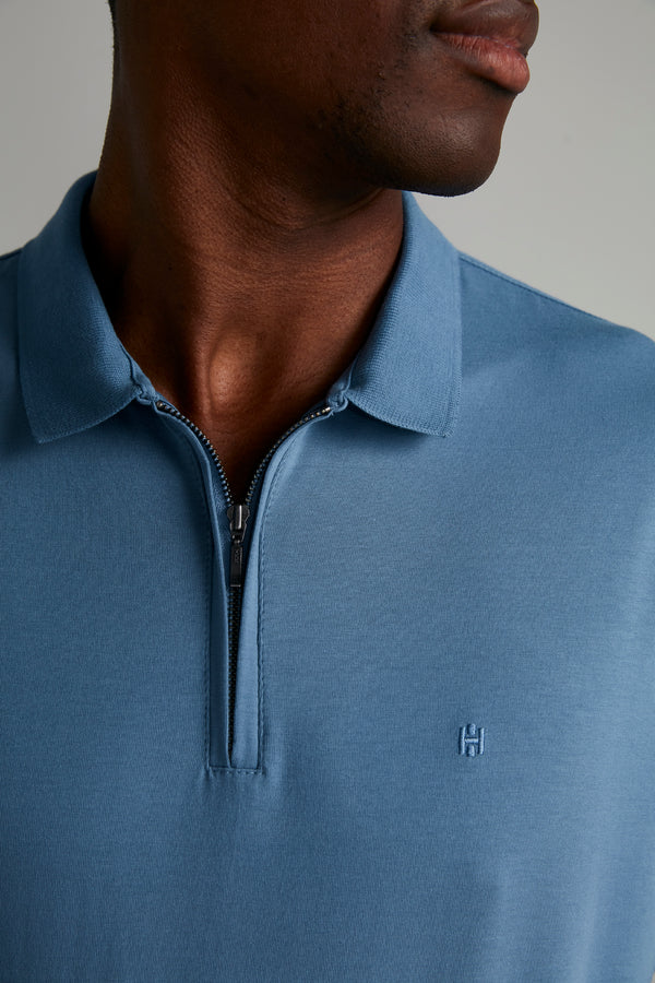 Polo Manga Curta com Zíper Comfort Básica - Azul Jeans