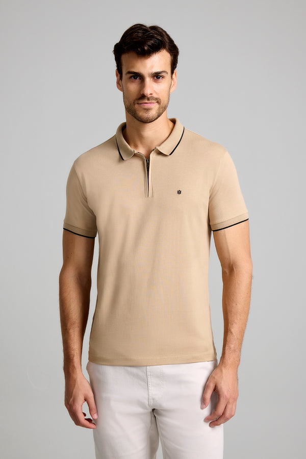 Camisa Polo com Zíper Básica Malha Premium Slim Fit - Marrom
