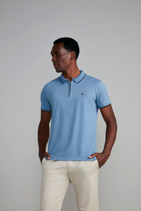 Polo Manga Curta com Zíper Slim Fit - Azul Jeans