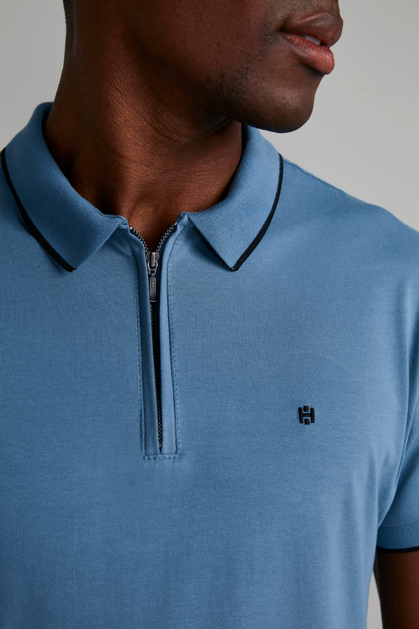 Polo Manga Curta com Zíper Slim Fit - Azul Jeans