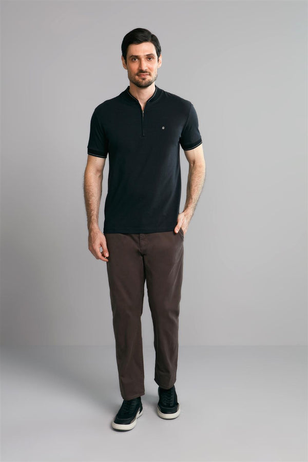 Polo Manga Curta com Zíper Básica Malha Slim Fit - Preto