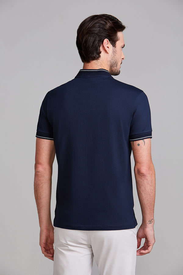 Polo Manga Curta com Zíper Básica Malha Slim Fit - Azul Marinho