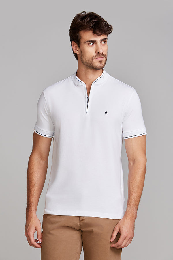 Camisa Polo com Zíper Básica Malha Premium Slim Fit - Branco