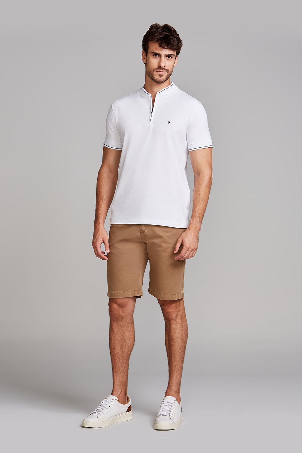 Polo Manga Curta com Zíper Básica Malha Slim Fit