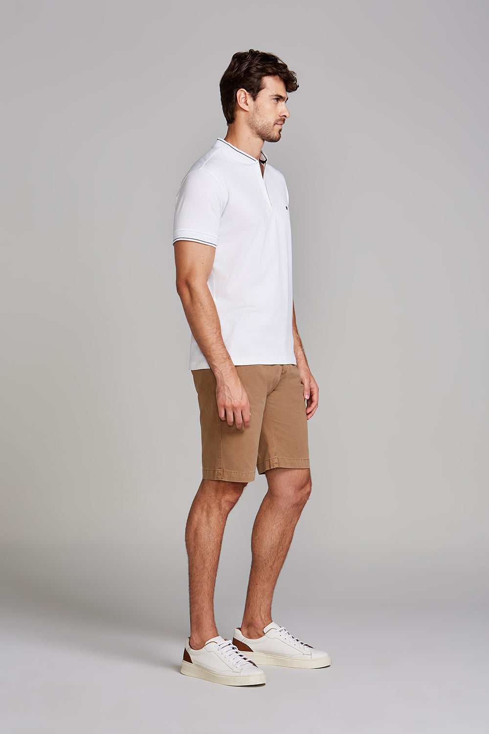 Polo Manga Curta com Zíper Básica Malha Slim Fit