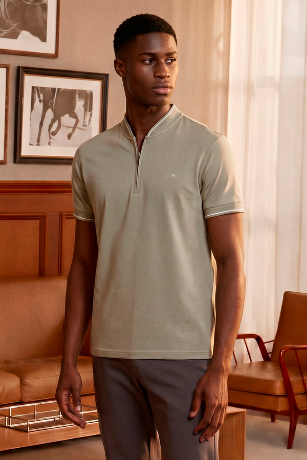 Polo Manga Curta com Zíper Básica Malha Slim Fit - Verde