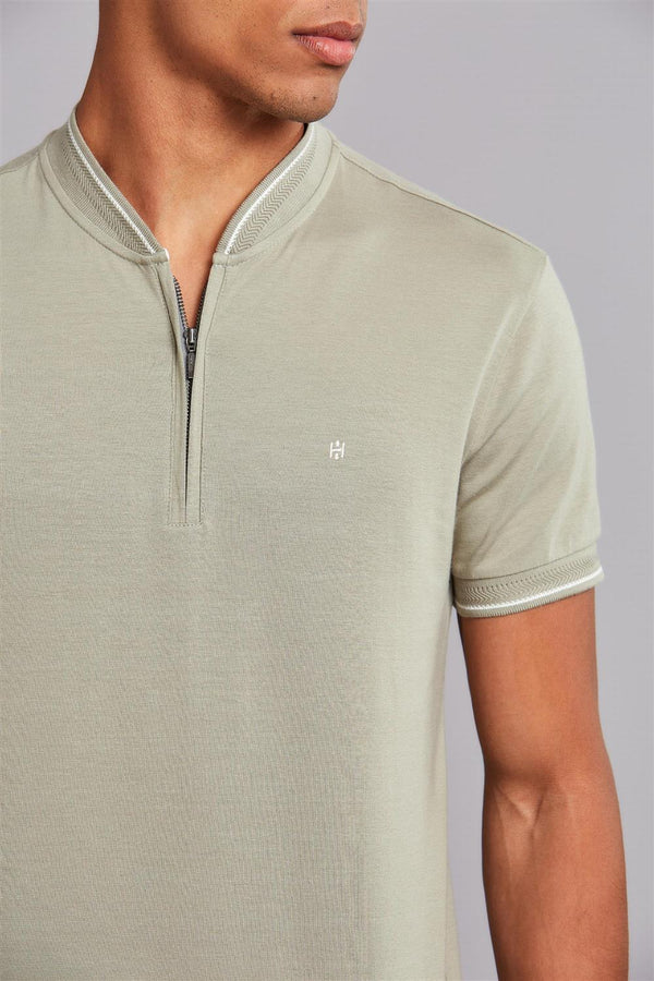 Polo Manga Curta com Zíper Básica Malha Slim Fit - Verde