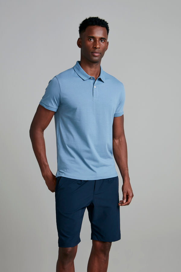 Polo Manga Curta Premium Malha Slim Fit - Azul Jeans