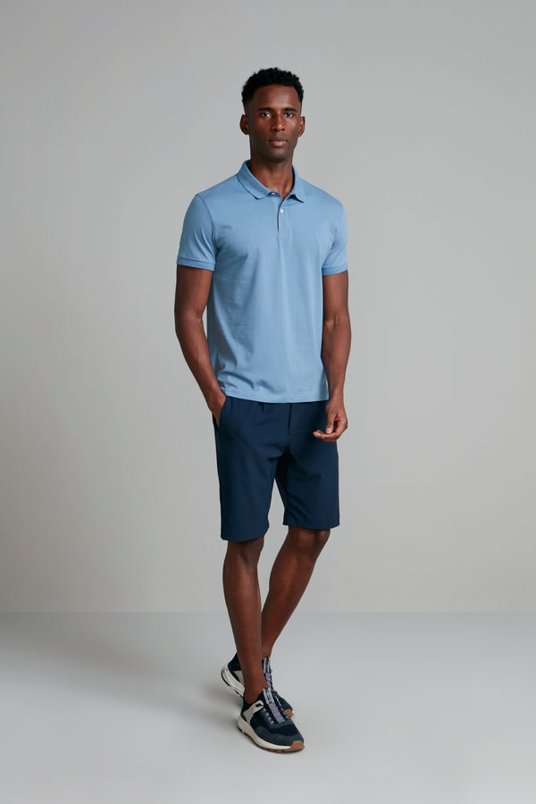Polo Manga Curta Premium Malha Slim Fit - Azul Jeans