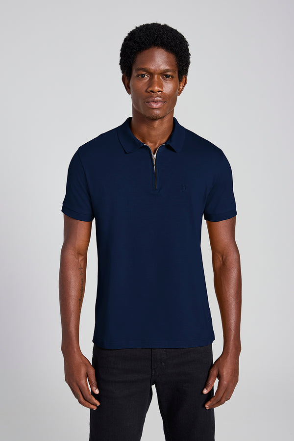 Camisa Polo com Zíper Malha Slim - Azul Marinho